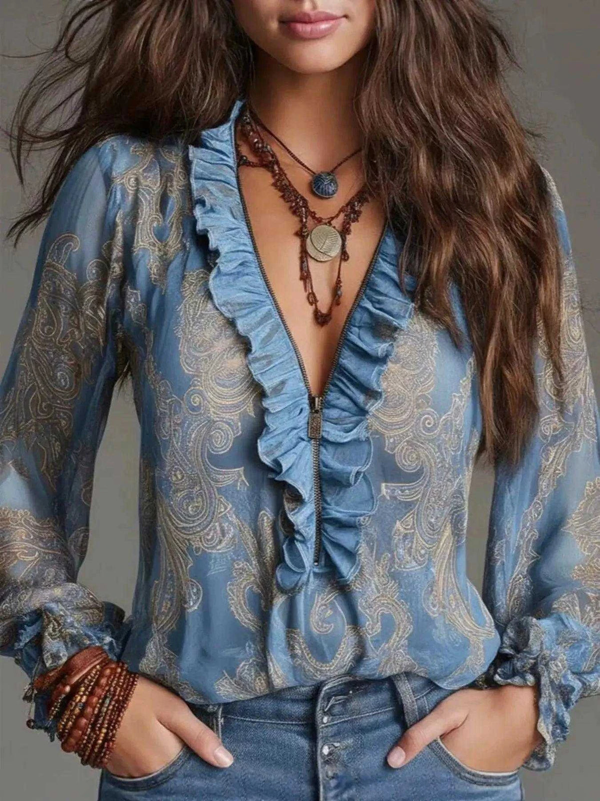 Full Size Paisley Print Ruffle Trim Zip-Front Blouse Plus Size Luxe Curves Plus Size Fashion