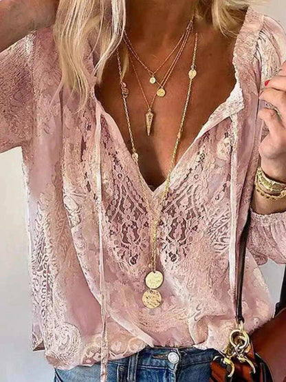 Lace Tie-Neck Blouse Luxe Curves Plus Size Fashion