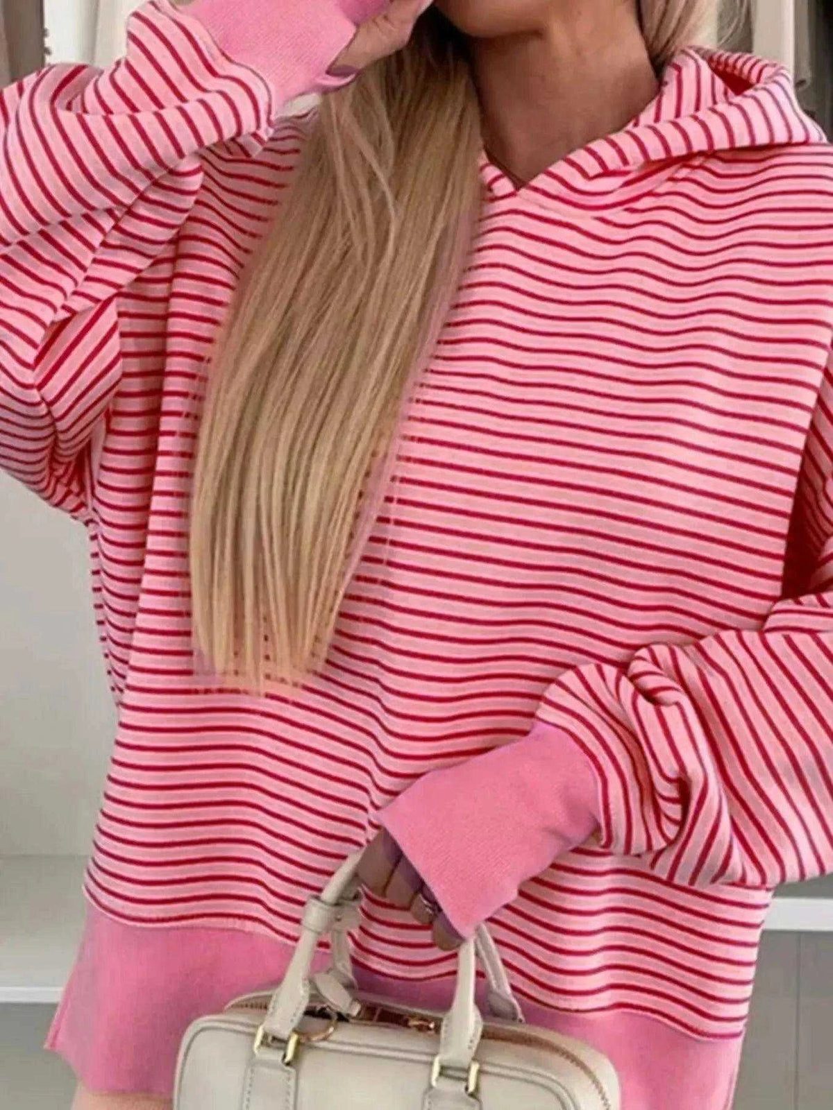 Striped Oversized Hoodie with Kangaroo Pocket Luxe Curves Plus Size Fashion