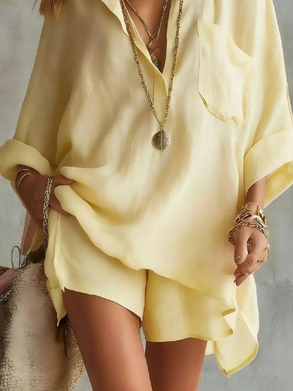 Full Size Oversized Long Sleeve Shirt and Shorts Two-Piece Set Plus Si Luxe Curves Plus Size Fashion
