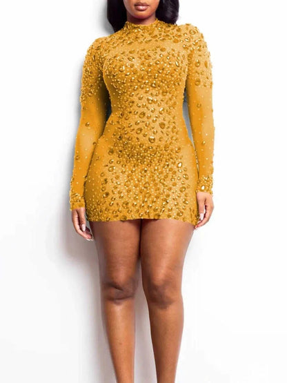 Rhinestone Embellished Long Sleeve Bodycon Mini Dress Luxe Curves Plus Size Fashion