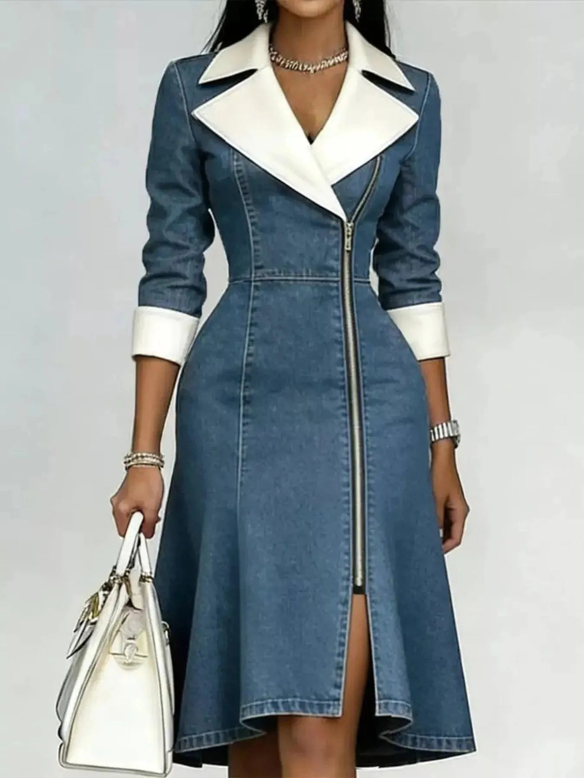 Full Size Contrast Lapel denim dress in blue cotton blend, with white lapels, cuffs, and zip-front design