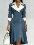 Full Size Contrast Lapel denim dress in blue cotton blend, with white lapels, cuffs, and zip-front design