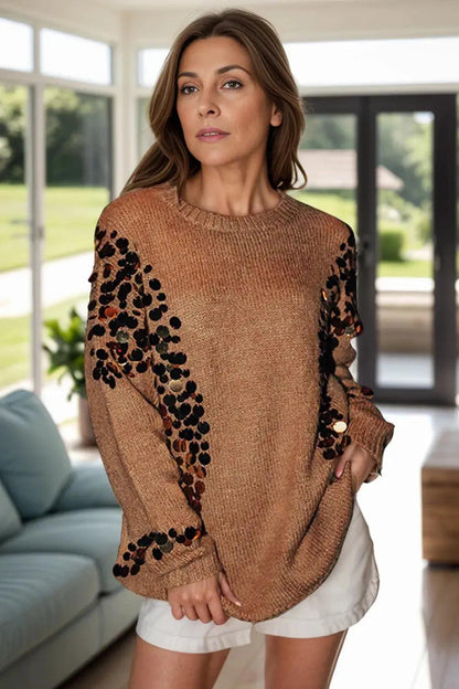 Sequin Round Neck Long Sleeve Sweater Luxe Curves Plus Size Fashion