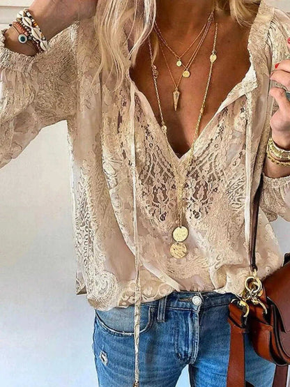 Lace Tie-Neck Blouse Luxe Curves Plus Size Fashion