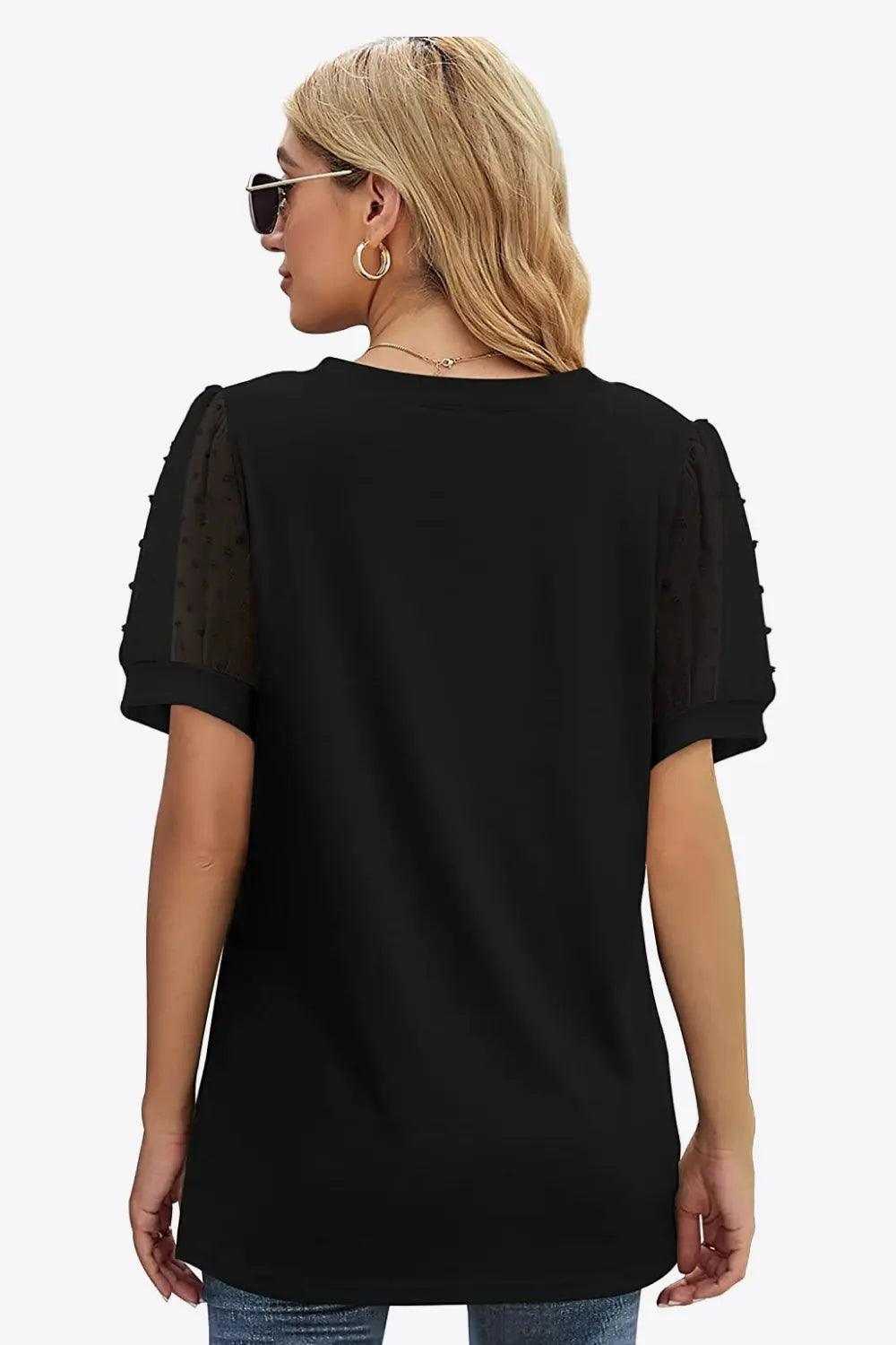 Swiss Dot Puff Sleeve V-Neck Tee Luxe Curves Plus Size Fashion