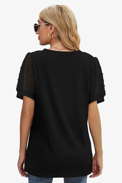 Swiss Dot Puff Sleeve V-Neck Tee Luxe Curves Plus Size Fashion