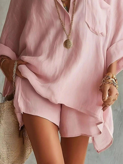 Full Size Oversized Long Sleeve Shirt and Shorts Two-Piece Set Plus Si Luxe Curves Plus Size Fashion
