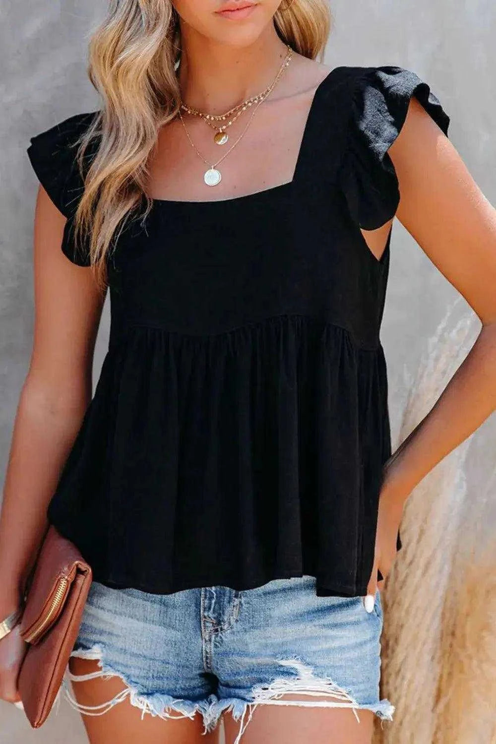 Full Size Ruffled Square Neck Cap Sleeve Blouse Luxe Curves Plus Size Fashion