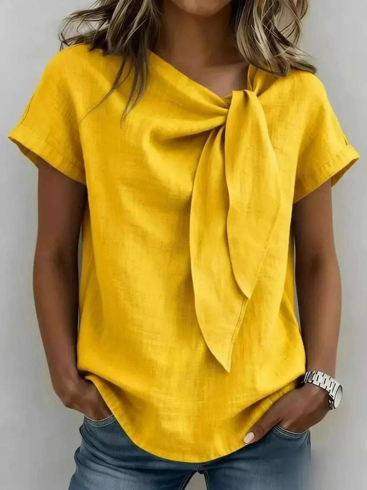 Full Size Bow Tie Neck Short Sleeve Blouse Plus Size Luxe Curves Plus Size Fashion