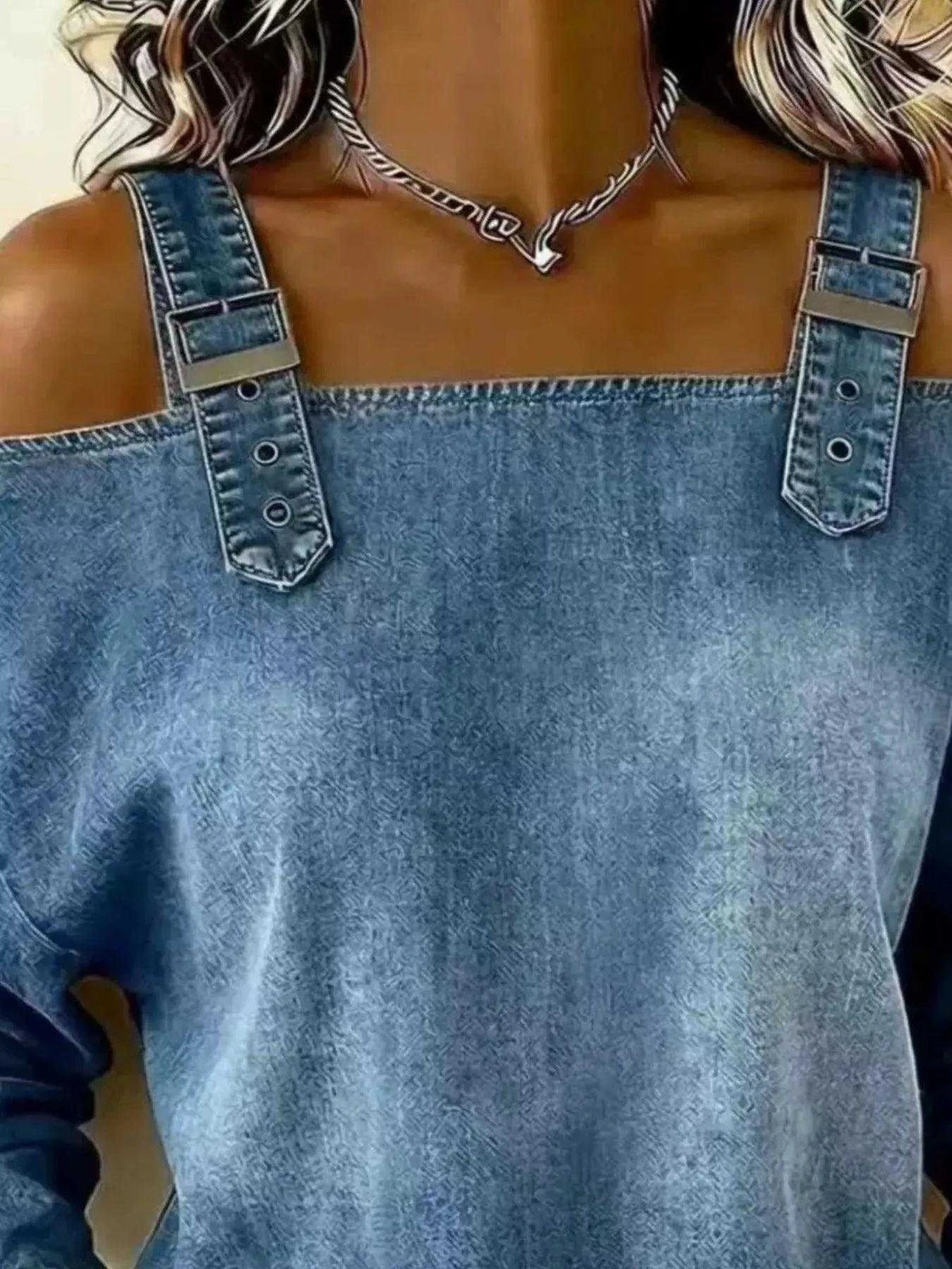 Full Size Buckle Strap Long Sleeve Denim Top Plus Size Luxe Curves Plus Size Fashion