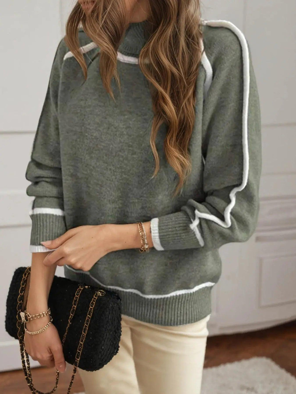 Turtleneck Contrast Trim Sweater with Ribbed Details Luxe Curves Plus Size Fashion