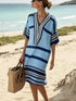 Full Size Striped blue and white striped midi dress with half sleeves, V-neck, and relaxed silhouette