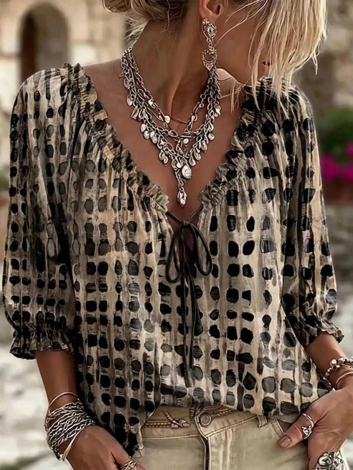 Full Size Tie Neck 3/4 Sleeve Blouse Plus Size Luxe Curves Plus Size Fashion