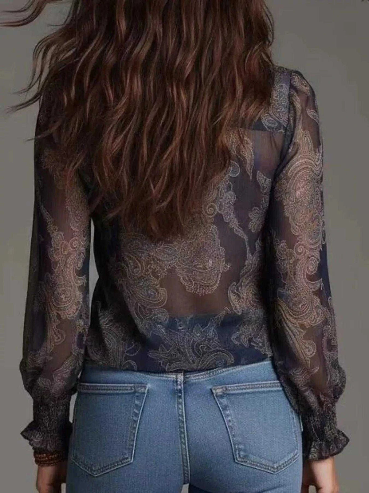 Full Size Paisley Print Ruffle Trim Zip-Front Blouse Plus Size Luxe Curves Plus Size Fashion