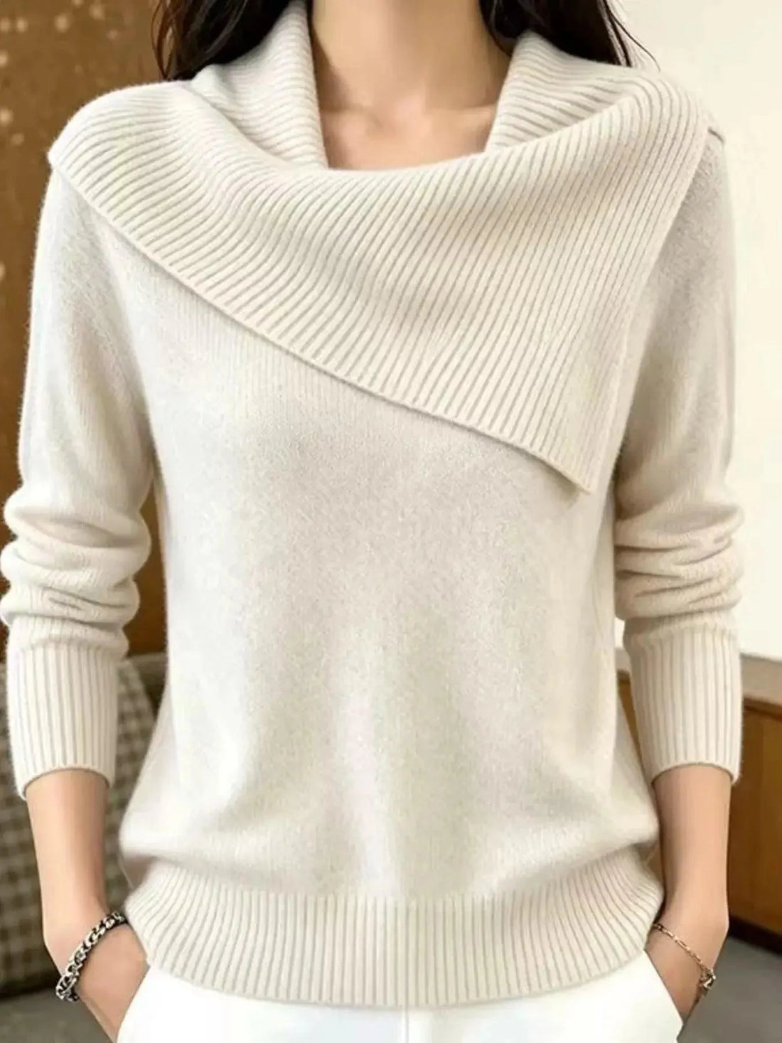 Full Size Asymmetric Ribbed Collar Sweater in cream, soft knit with an oversized draped collar and ribbed cuffs
