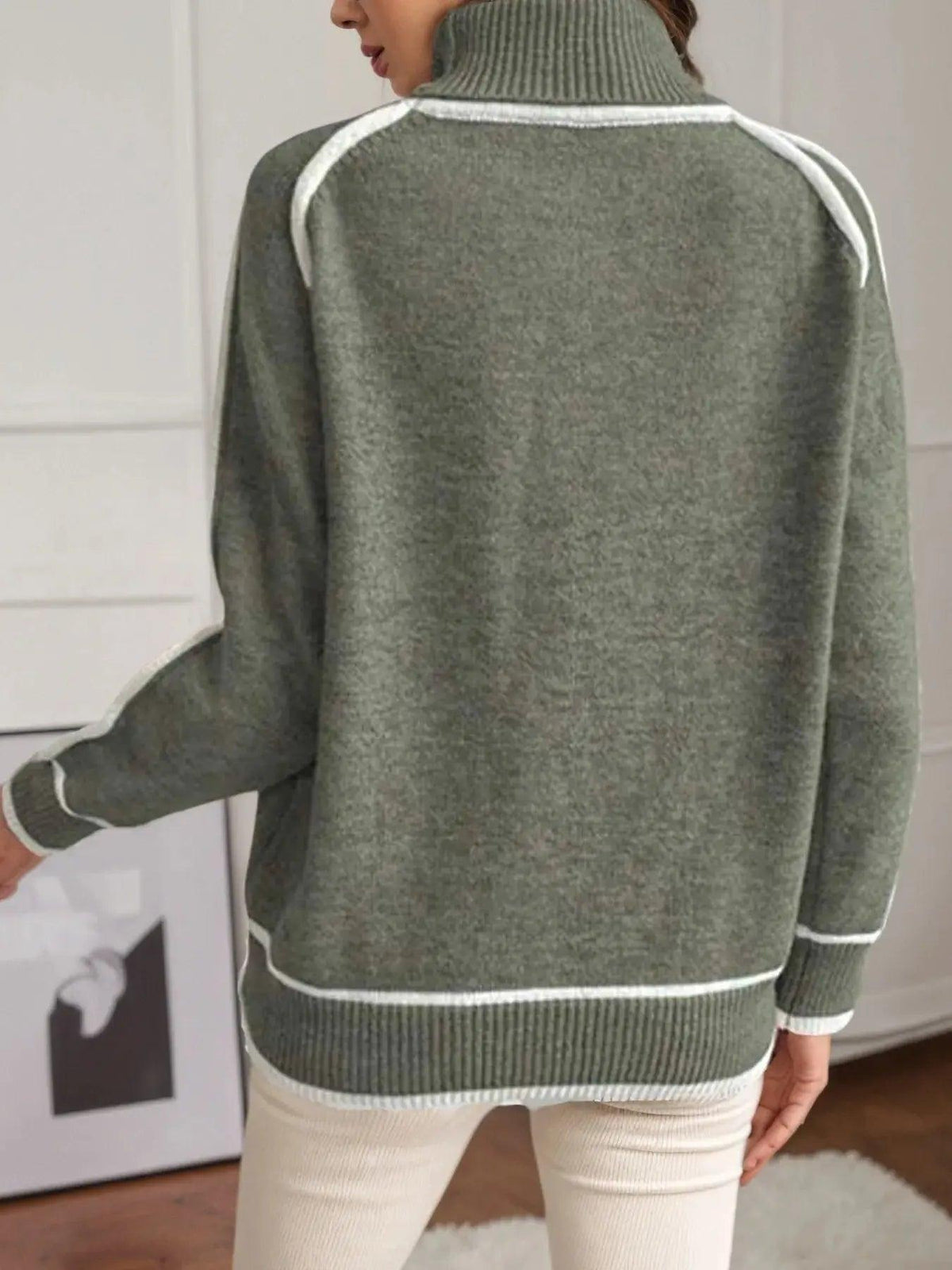 Turtleneck Contrast Trim Sweater with Ribbed Details Luxe Curves Plus Size Fashion