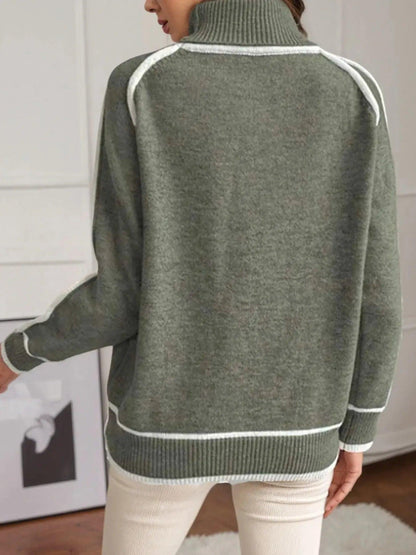 Turtleneck Contrast Trim Sweater with Ribbed Details Luxe Curves Plus Size Fashion