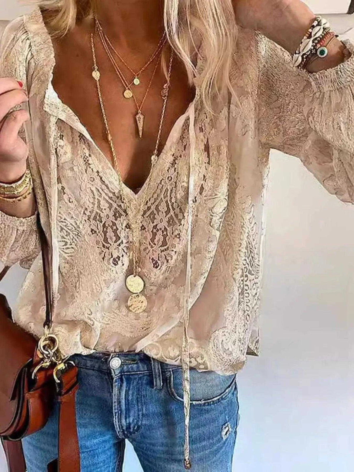 Lace Tie-Neck Blouse Luxe Curves Plus Size Fashion
