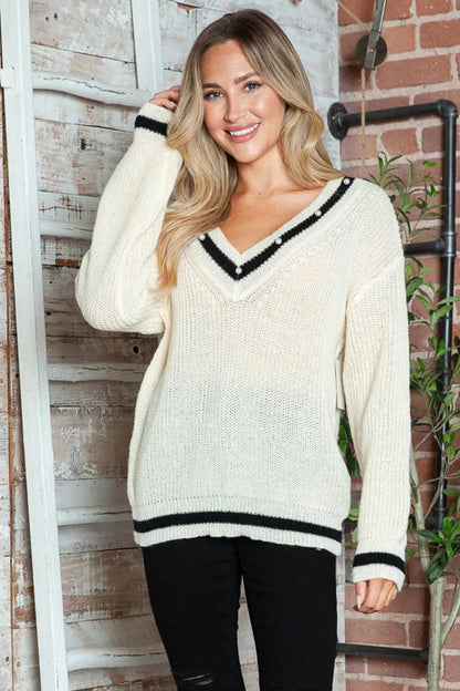 Contrast Trim V-Neck Long Sleeve Sweater Luxe Curves Plus Size Fashion