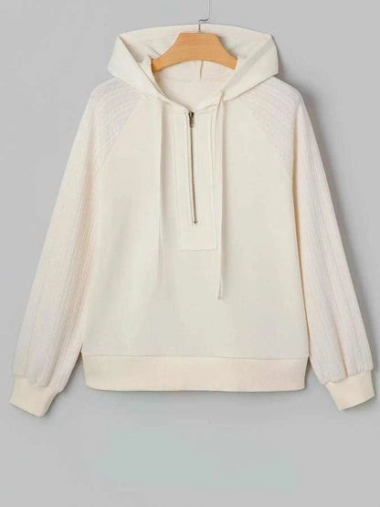 Solid Color Textured Sleeve Patchwork Half Zip Hoodie Luxe Curves Plus Size Fashion