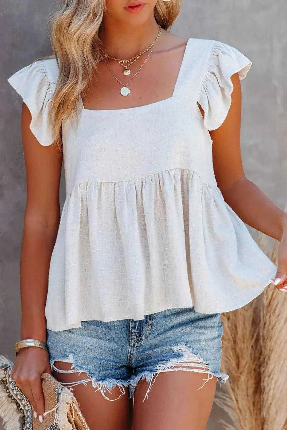 Full Size Ruffled Square Neck Cap Sleeve Blouse Luxe Curves Plus Size Fashion
