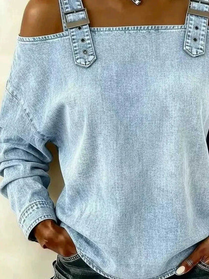 Full Size Buckle Strap Long Sleeve Denim Top Plus Size Luxe Curves Plus Size Fashion