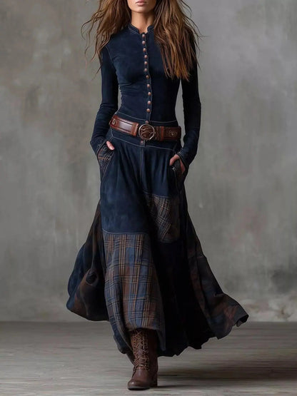 Full Size Button Front maxi dress in dark navy, with plaid patchwork panels, belt, pockets, and long sleeves
