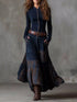 Full Size Button Front maxi dress in dark navy, with plaid patchwork panels, belt, pockets, and long sleeves