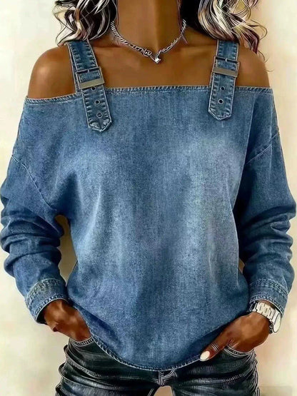 Full Size Buckle Strap Long Sleeve Denim Top Plus Size Luxe Curves Plus Size Fashion