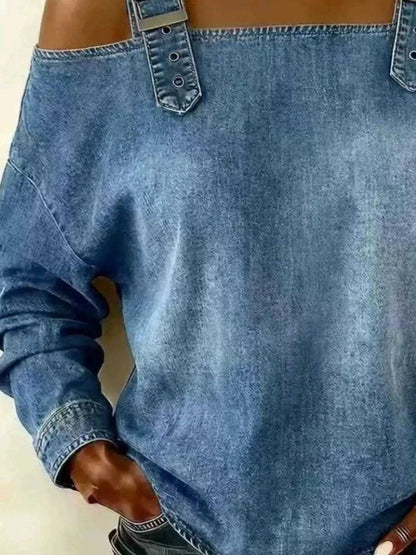 Full Size Buckle Strap Long Sleeve Denim Top Plus Size Luxe Curves Plus Size Fashion