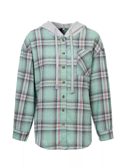 Plaid Button-Up Hooded Shirt with Chest Pocket Luxe Curves Plus Size Fashion