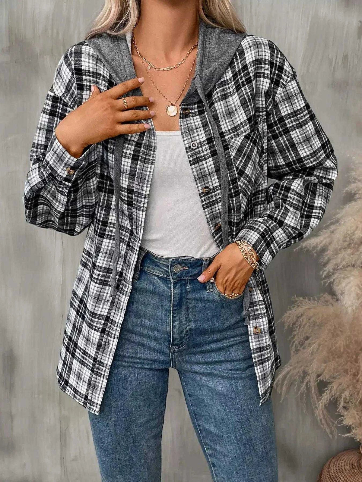 Plaid Button-Up Hooded Shirt with Chest Pocket Luxe Curves Plus Size Fashion