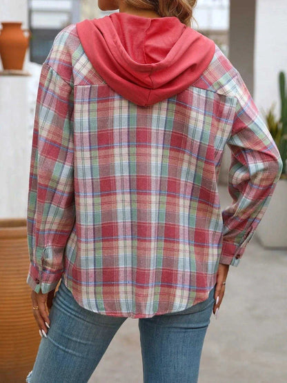 Plaid Button-Up Hooded Shirt with Chest Pocket Luxe Curves Plus Size Fashion