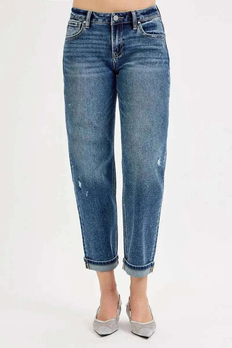 RISEN Full Size blue denim boyfriend jeans with faded whiskering, distressed details, rolled cropped cuffs, and pockets