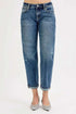 RISEN Full Size blue denim boyfriend jeans with faded whiskering, distressed details, rolled cropped cuffs, and pockets