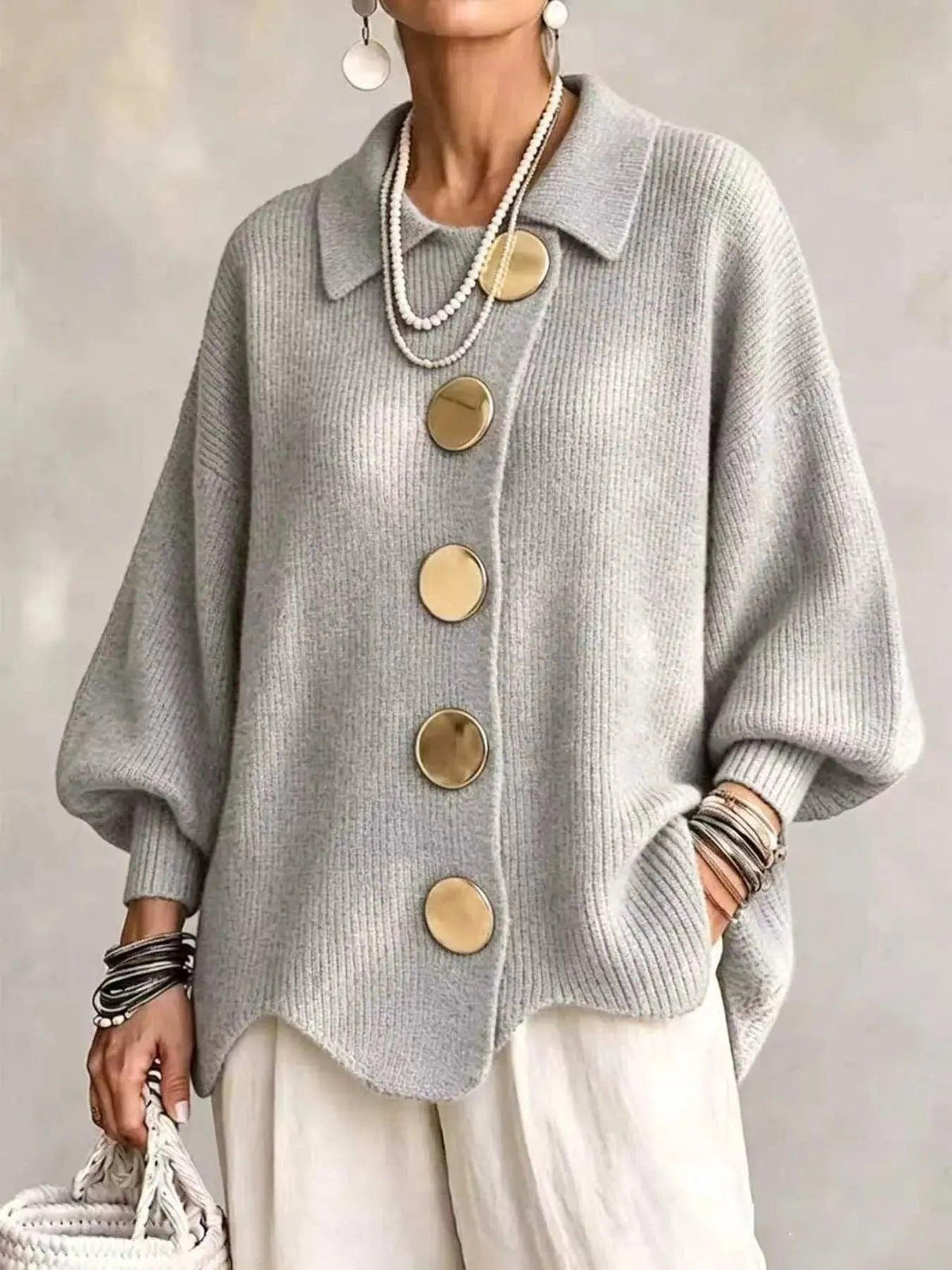 Full Size Gold Buttons Lantern Sleeve Cardigan Plus Size Luxe Curves Plus Size Fashion