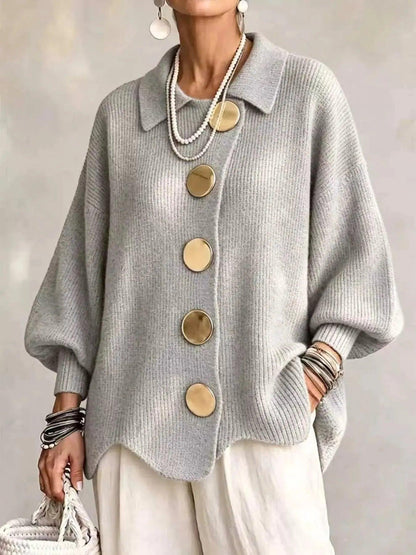 Full Size Gold Buttons Lantern Sleeve Cardigan Plus Size Luxe Curves Plus Size Fashion