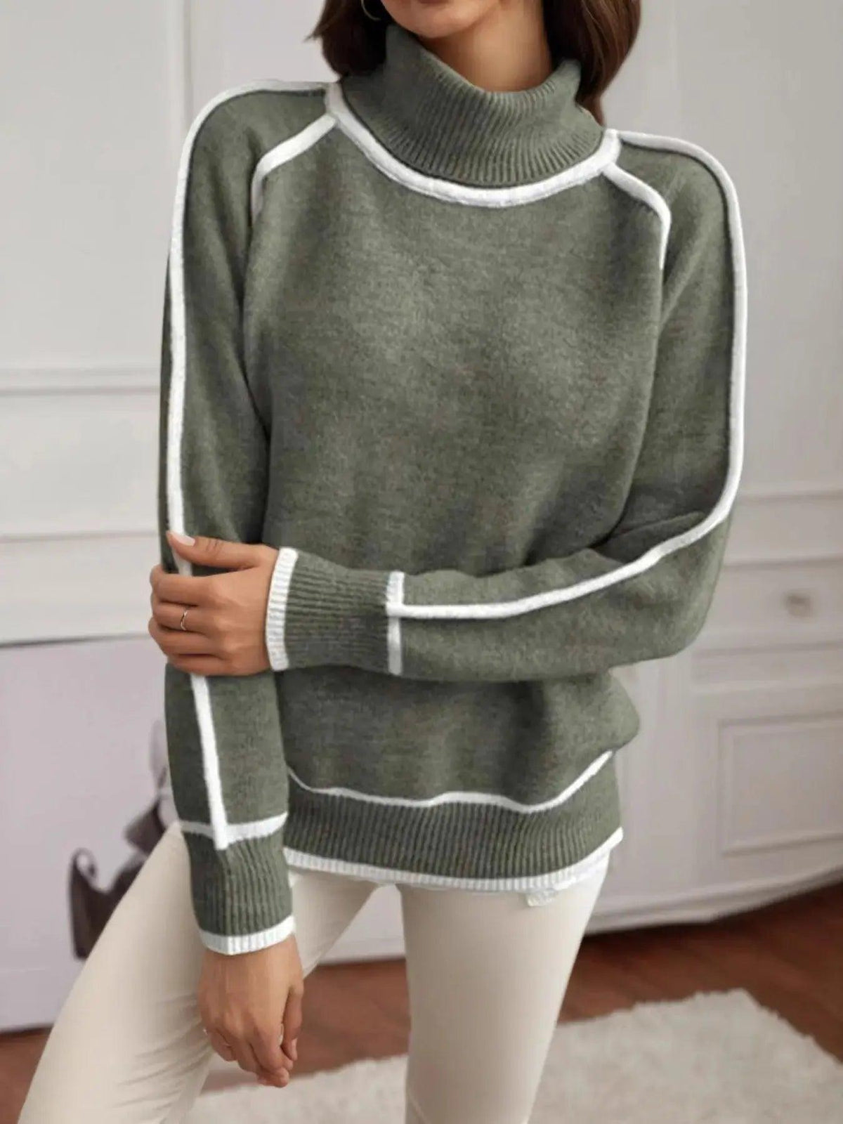 Turtleneck Contrast Trim Sweater with Ribbed Details Luxe Curves Plus Size Fashion