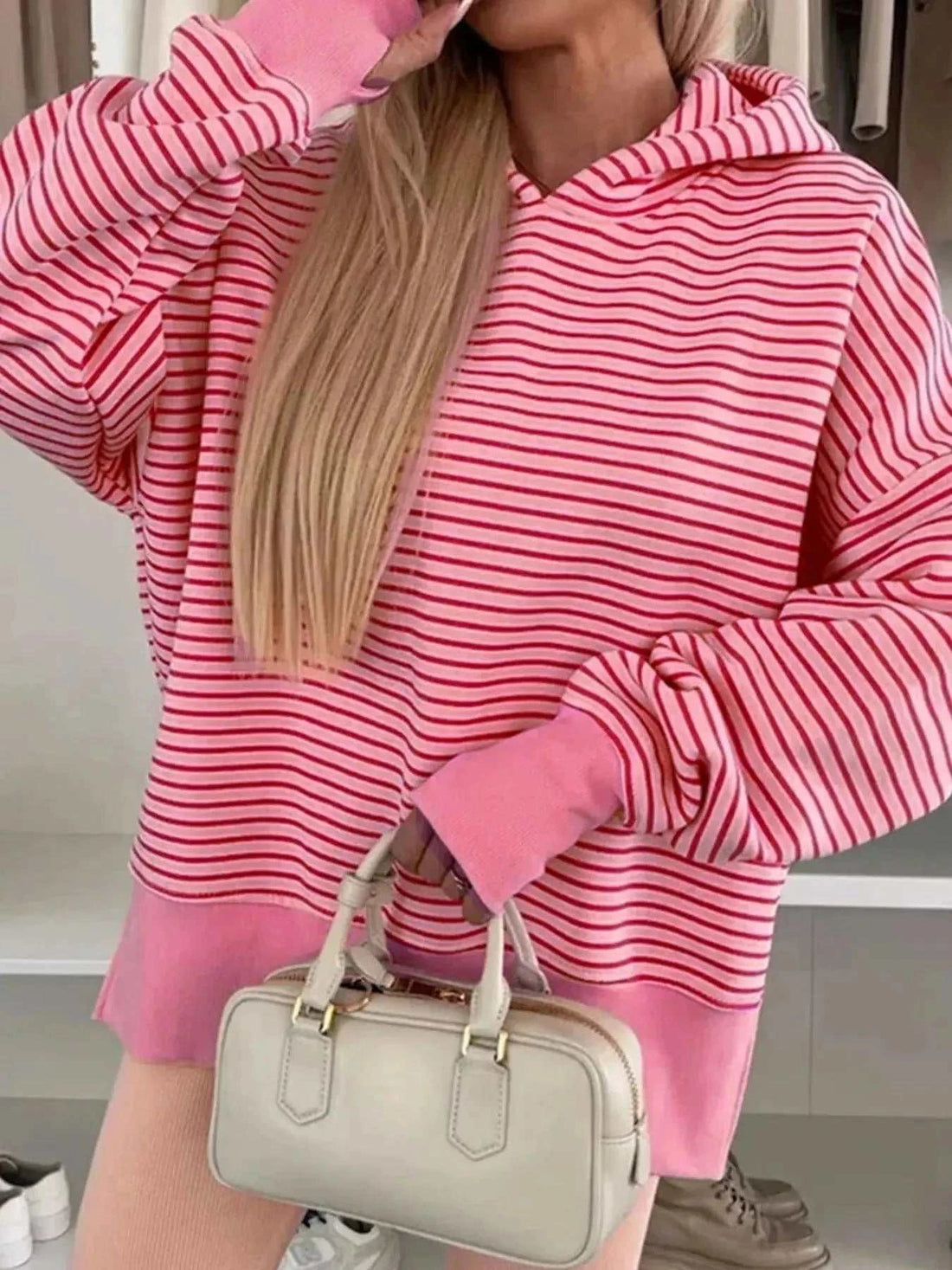 Striped Oversized Hoodie in pink and white striped cotton, with hood, drawstring and kangaroo pocket