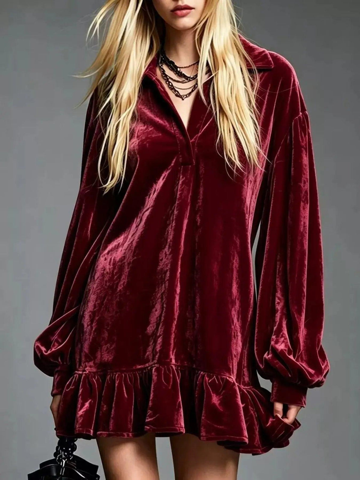 Full Size Velvet Ruffled Hem Long Sleeve Dress Plus Size Luxe Curves Plus Size Fashion
