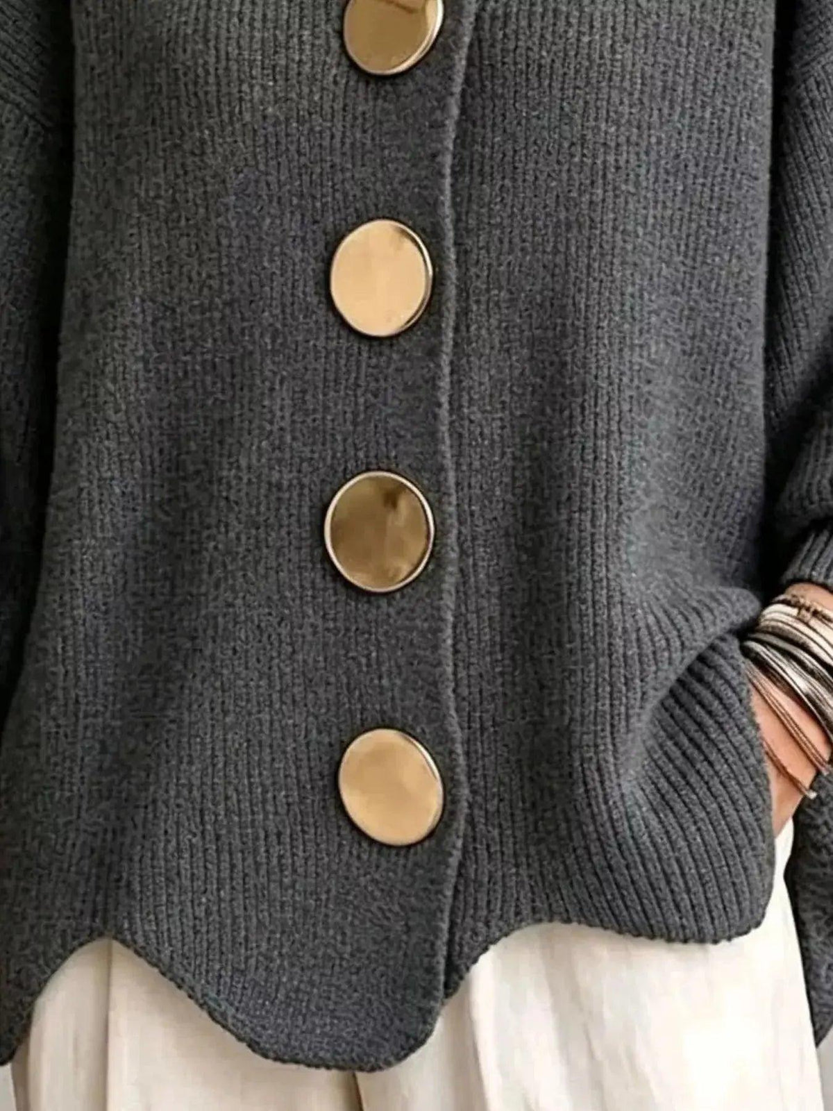 Full Size Gold Buttons Lantern Sleeve Cardigan Plus Size Luxe Curves Plus Size Fashion