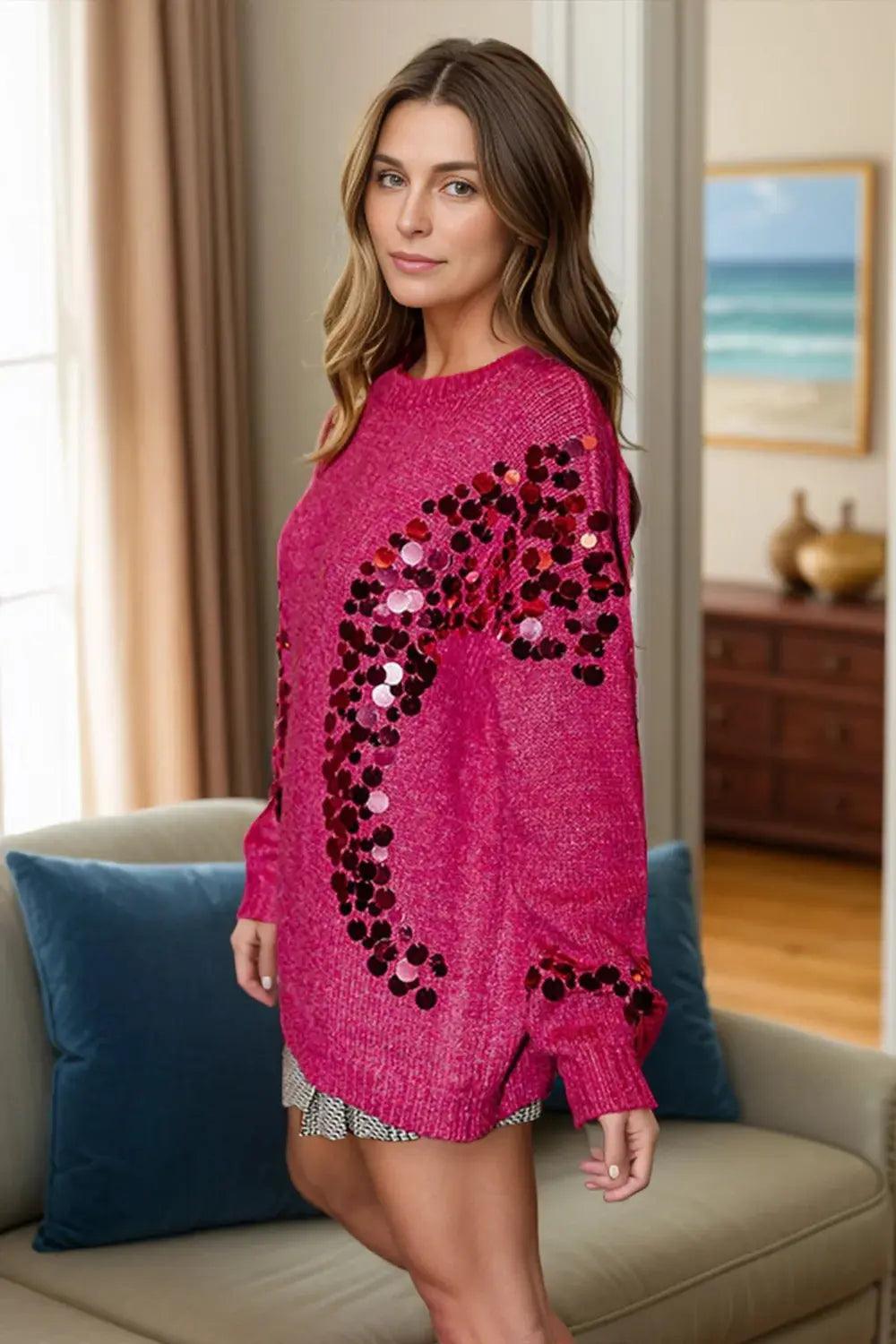 Sequin Round Neck Long Sleeve Sweater Luxe Curves Plus Size Fashion