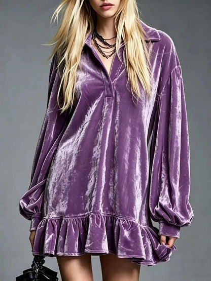 Full Size Velvet Ruffled Hem Long Sleeve Dress Plus Size Luxe Curves Plus Size Fashion