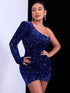 Sequin One-Shoulder bodycon dress in navy blue with all-over sequins, long sleeve, and asymmetrical mini hem