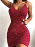 Glitter Ruched Bodycon Mini Dress in burgundy polyester with sparkly flecks, thin straps and fitted ruching