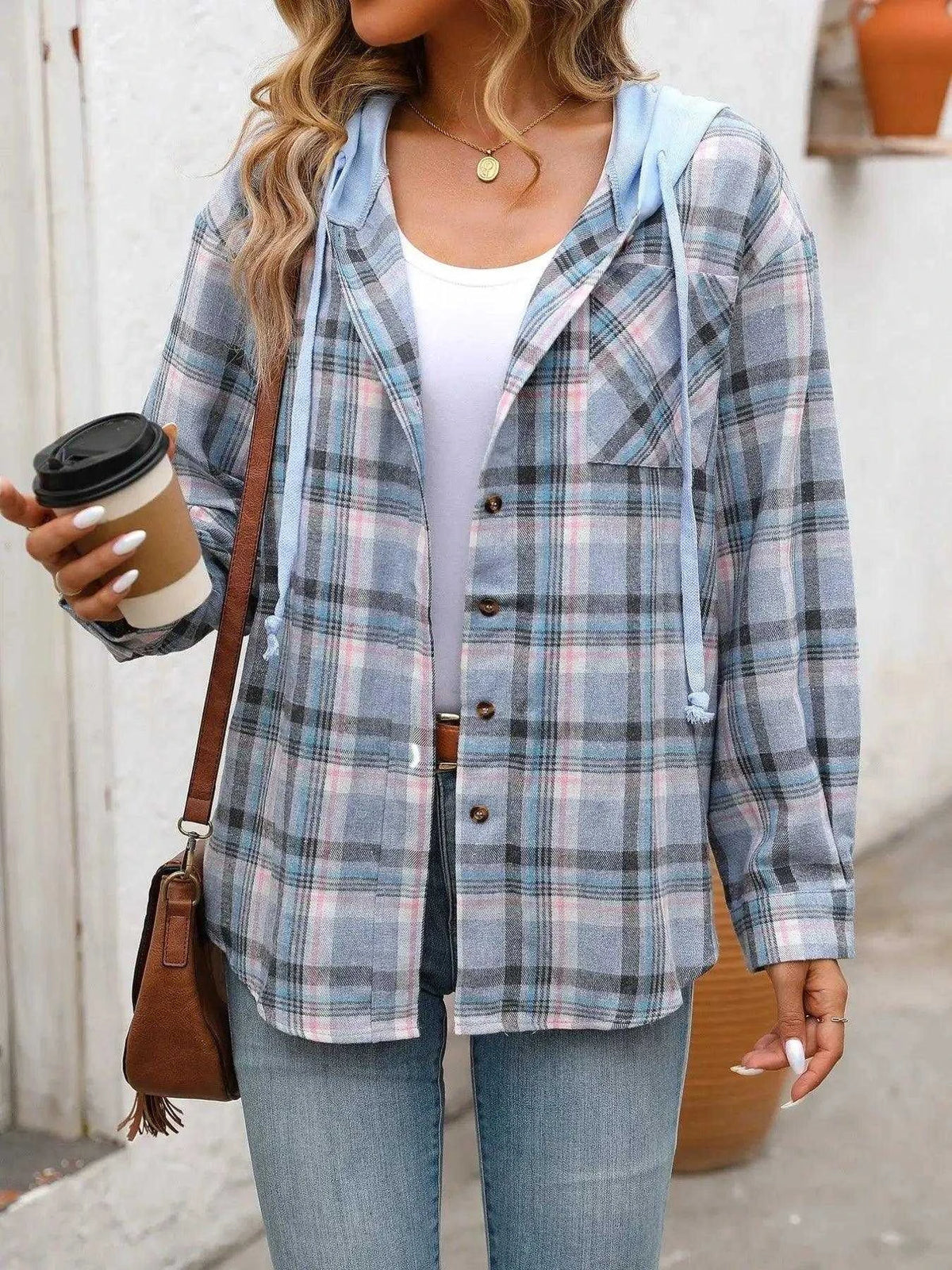 Plaid Button-Up Hooded Shirt with Chest Pocket Luxe Curves Plus Size Fashion