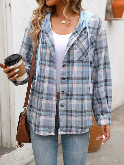 Plaid Button-Up Hooded Shirt with Chest Pocket Luxe Curves Plus Size Fashion
