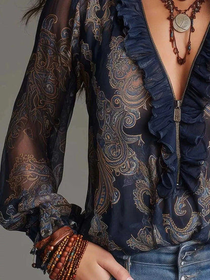 Full Size Paisley Print Ruffle Trim Zip-Front Blouse Plus Size Luxe Curves Plus Size Fashion