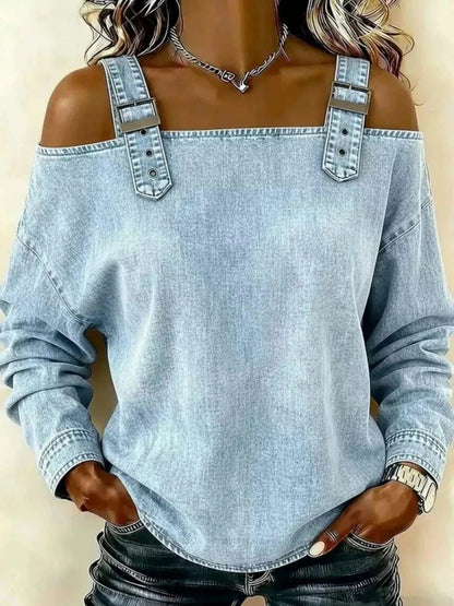 Full Size Buckle Strap light blue washed denim top with silver buckle straps and off-shoulder long sleeves